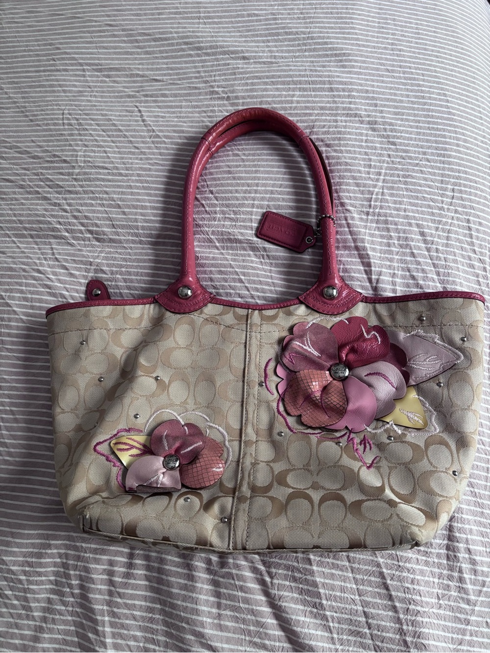 Coach Pink Floral Appliqué Signature Tote